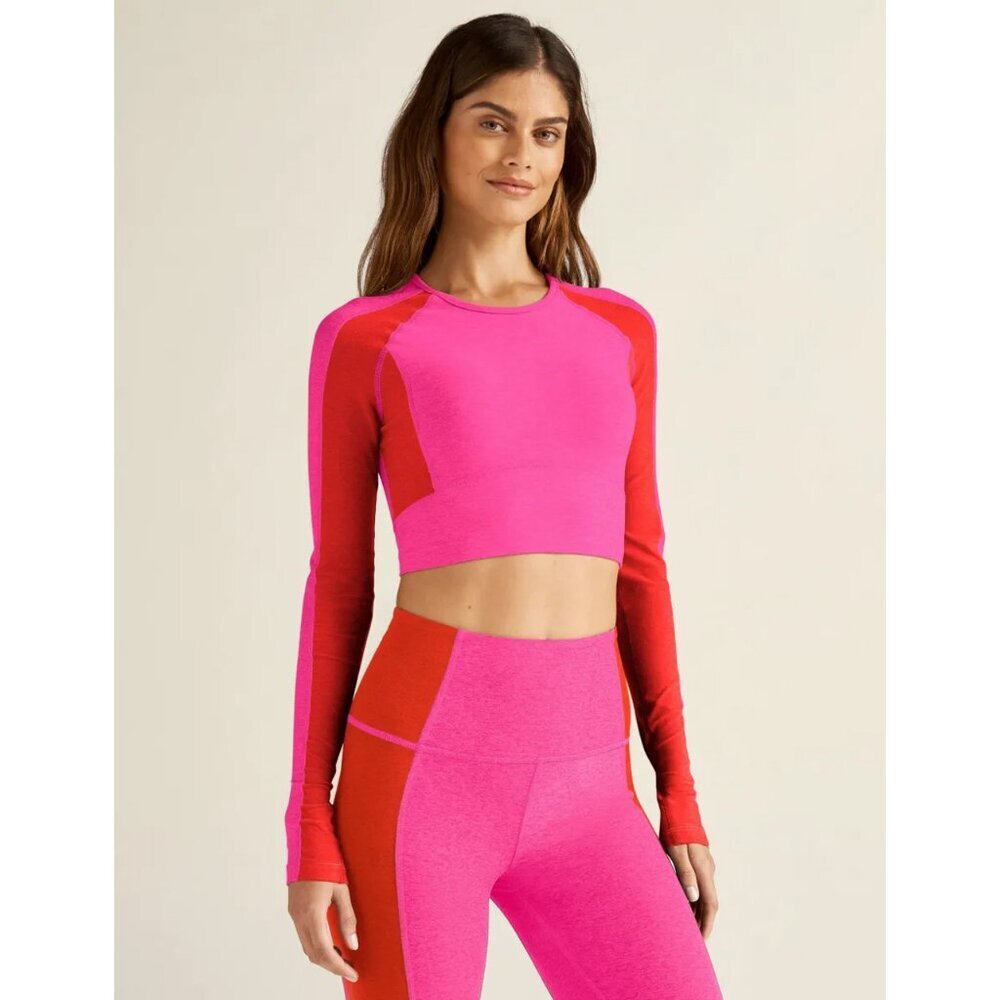Beyond Yoga Spacedye Vitality Colorblock Crop‎ Pullover Pink Orange Women L